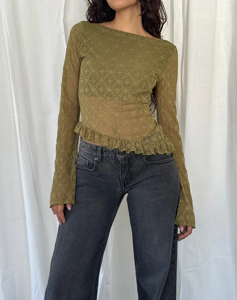 Allegra Long Sleeve Top in Textured Moss Green Lace