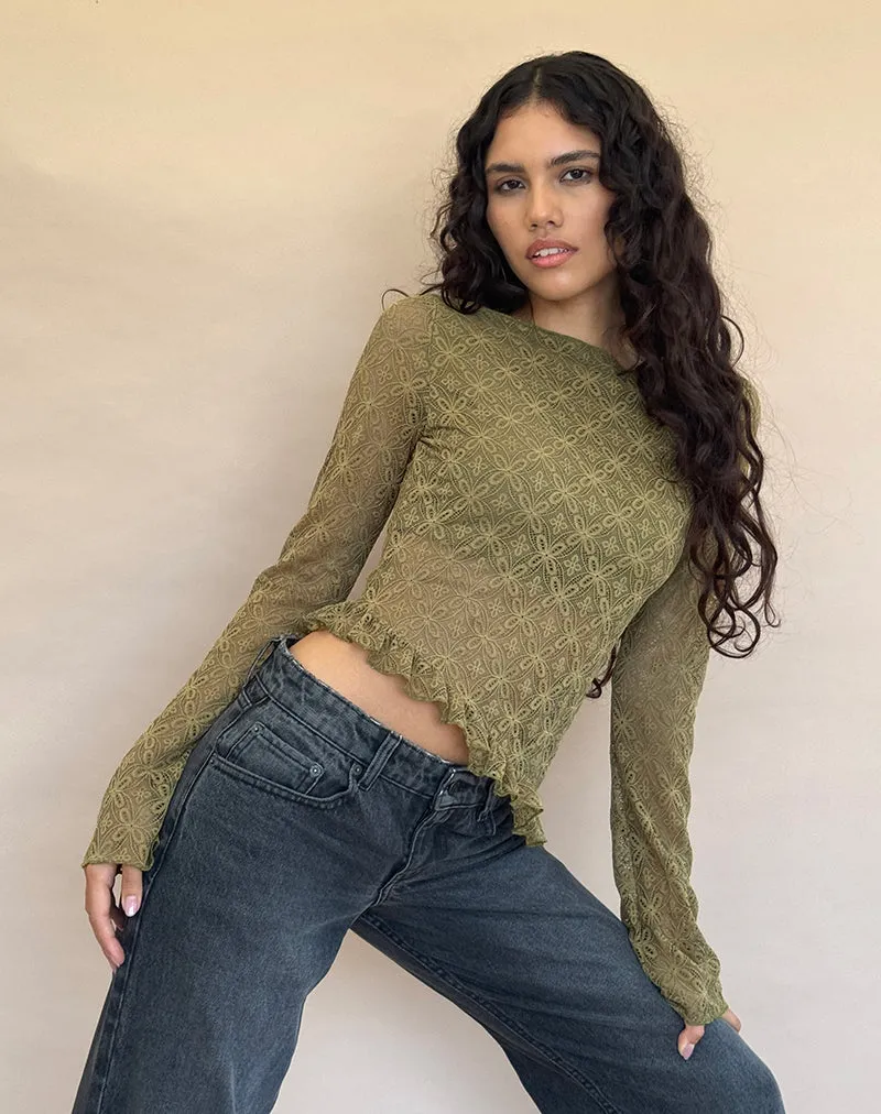 Allegra Long Sleeve Top in Textured Moss Green Lace