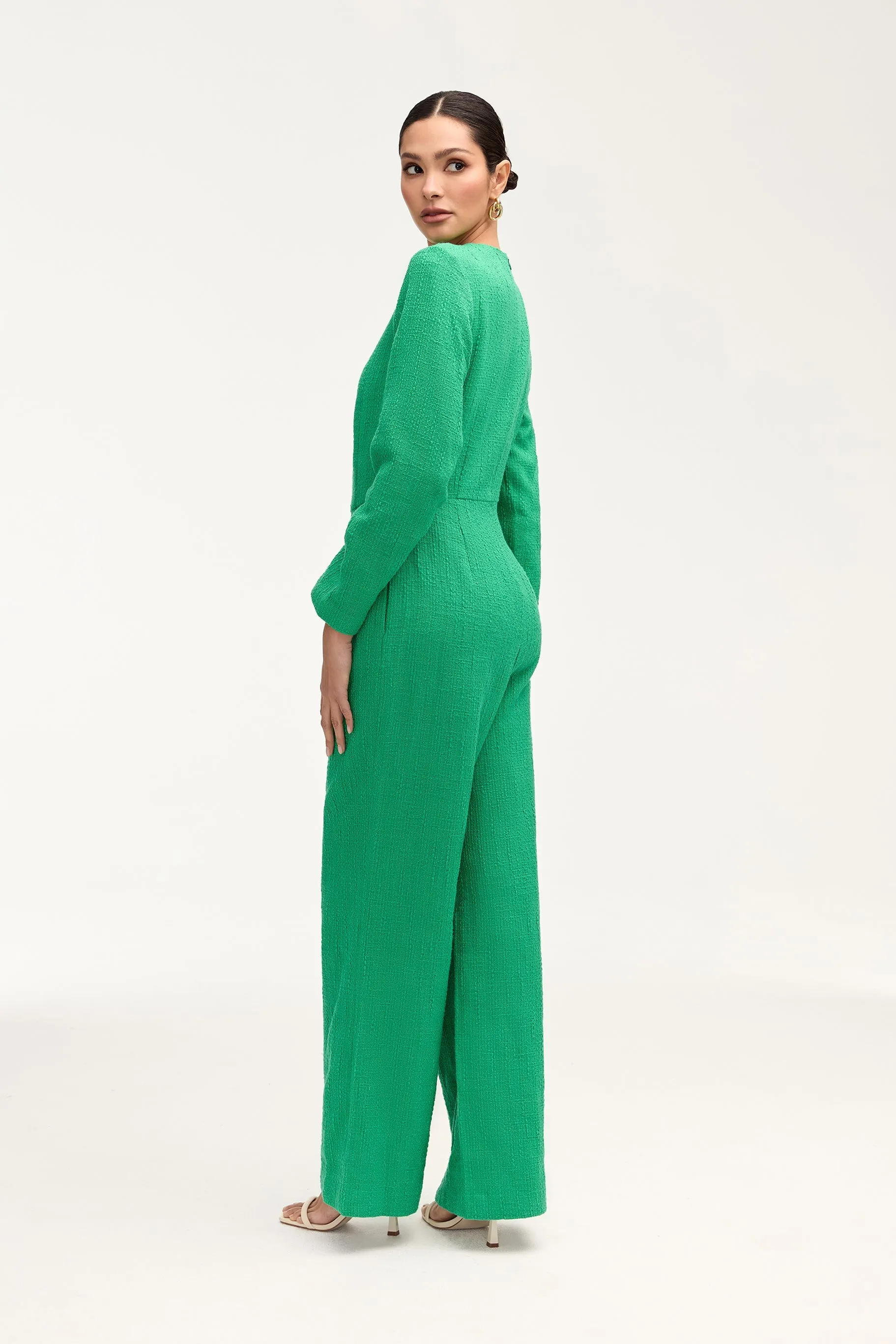 Aurora Tweed Long Sleeve Jumpsuit - Jade