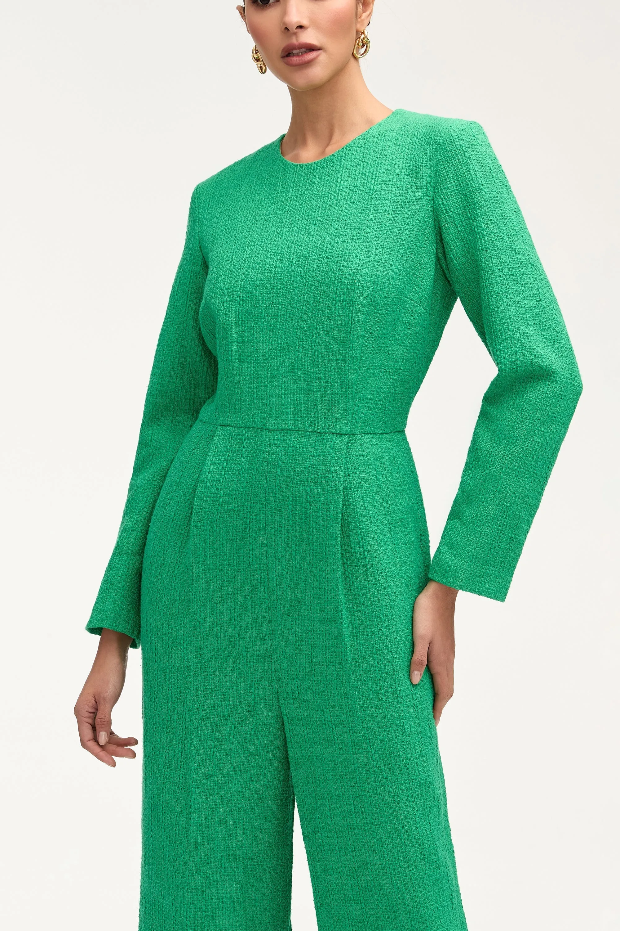 Aurora Tweed Long Sleeve Jumpsuit - Jade