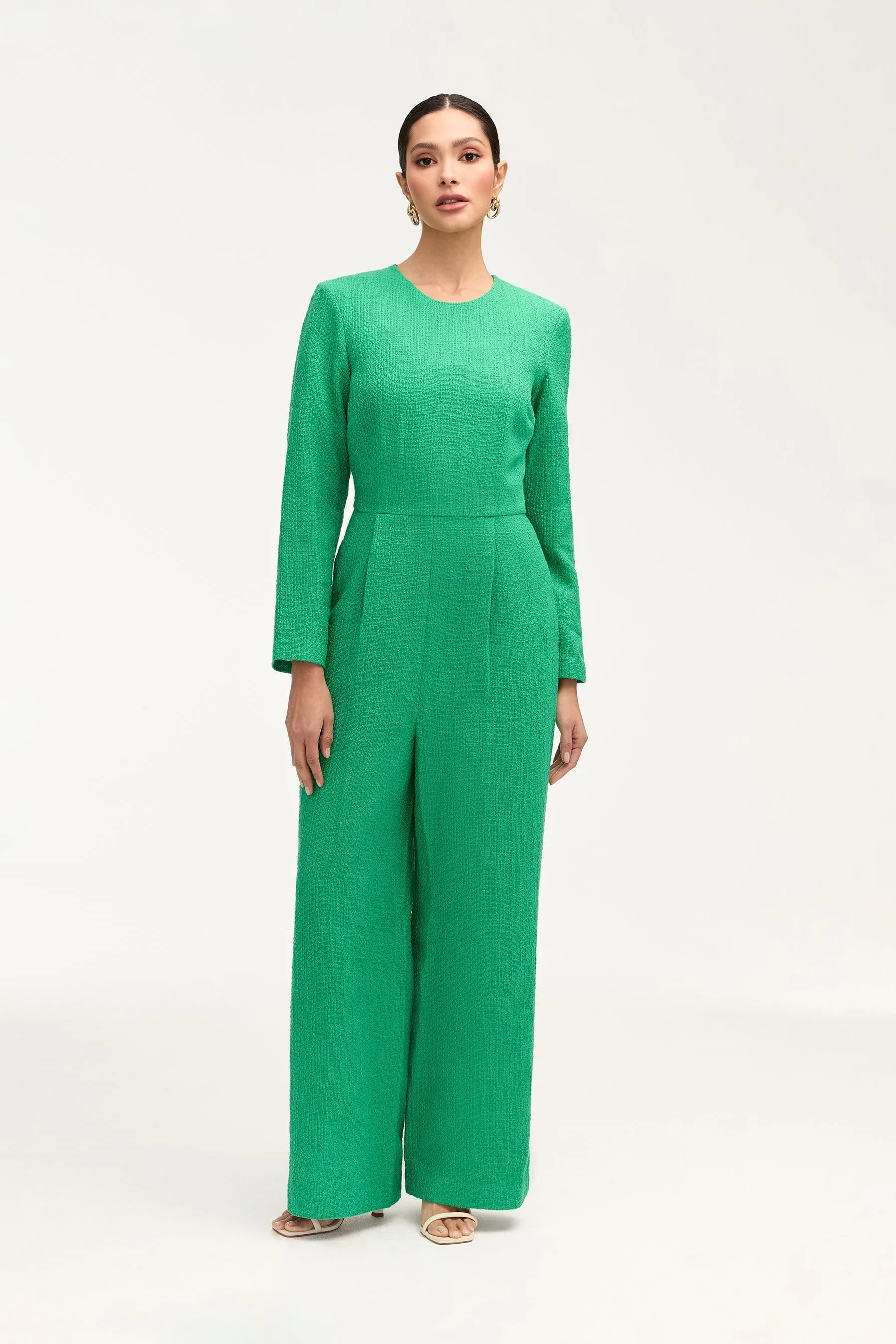 Aurora Tweed Long Sleeve Jumpsuit - Jade