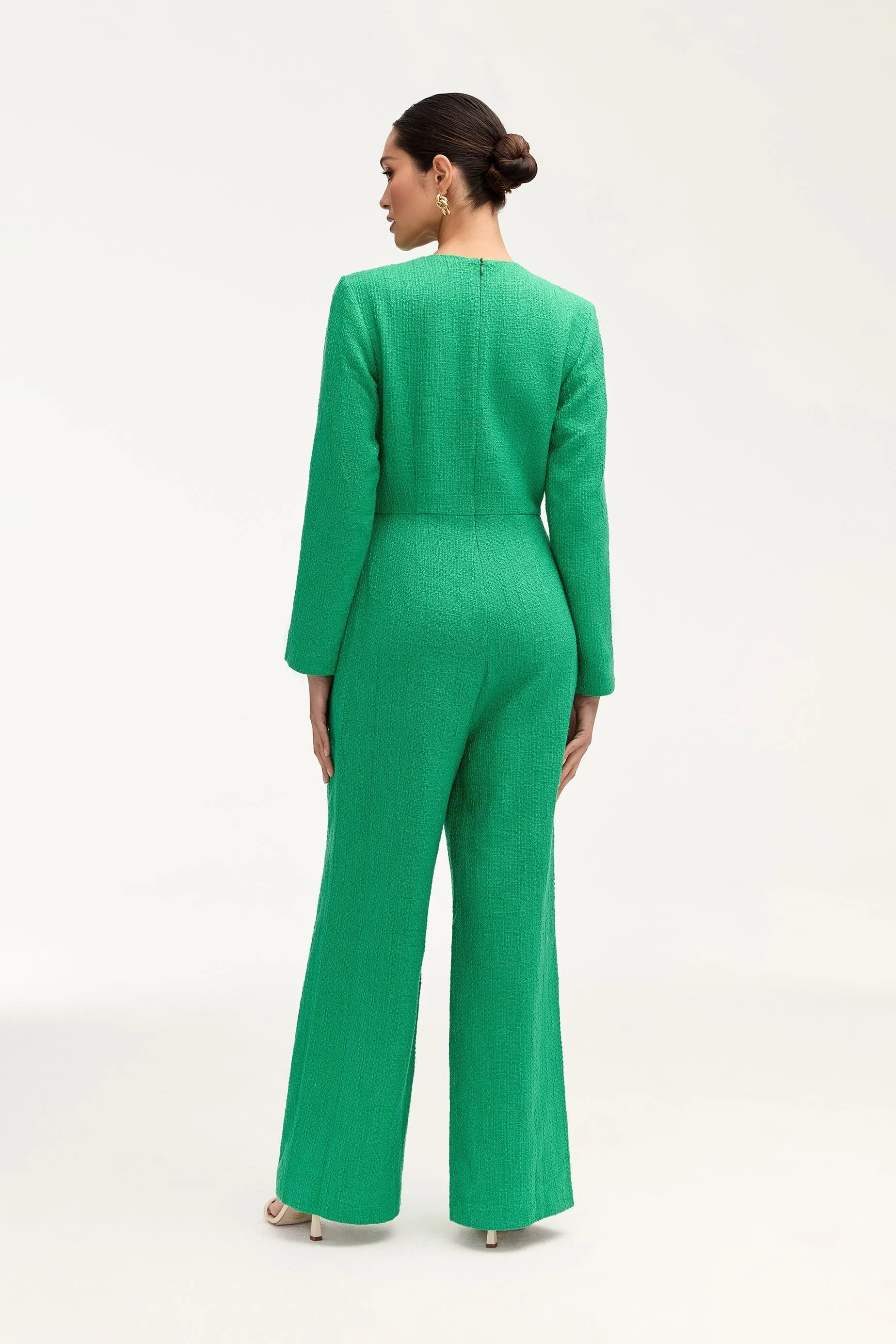 Aurora Tweed Long Sleeve Jumpsuit - Jade