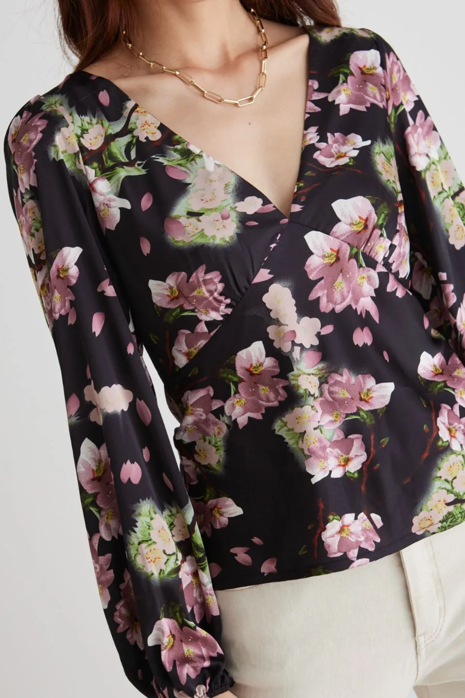 Bailey Black Floral Satin Bias Balloon Sleeve Top