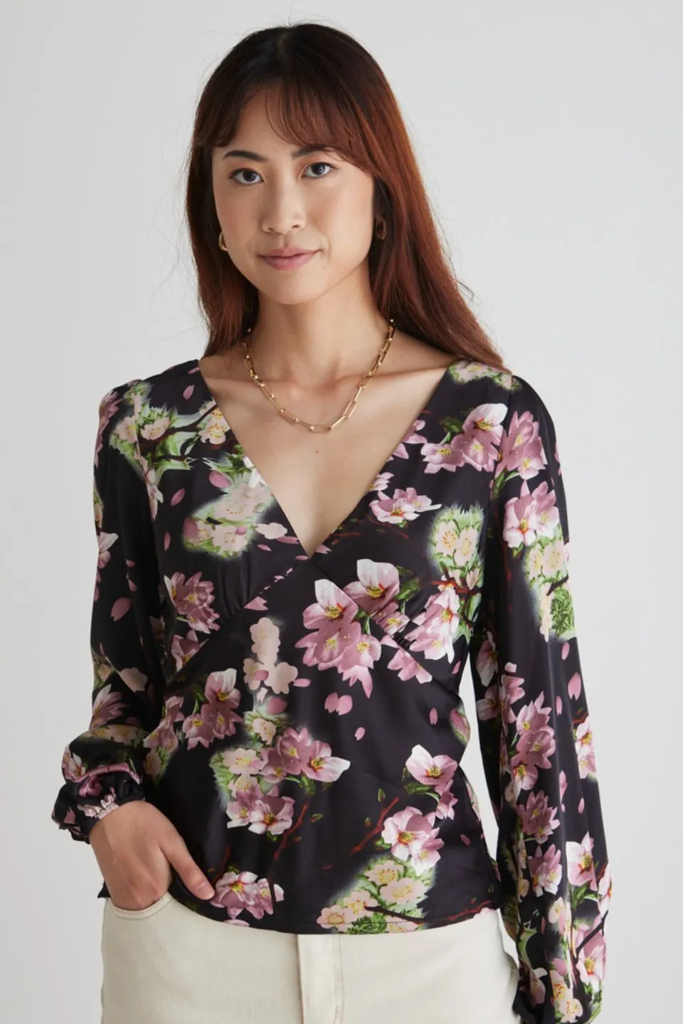 Bailey Black Floral Satin Bias Balloon Sleeve Top