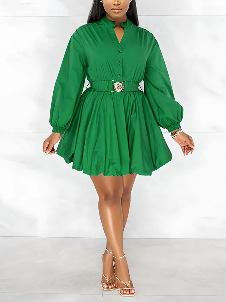 Belted Puffy Sleeve Dress