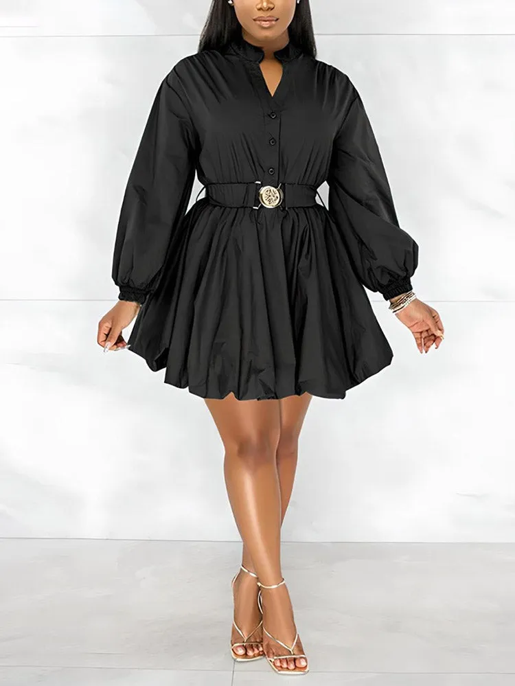 Belted Puffy Sleeve Dress