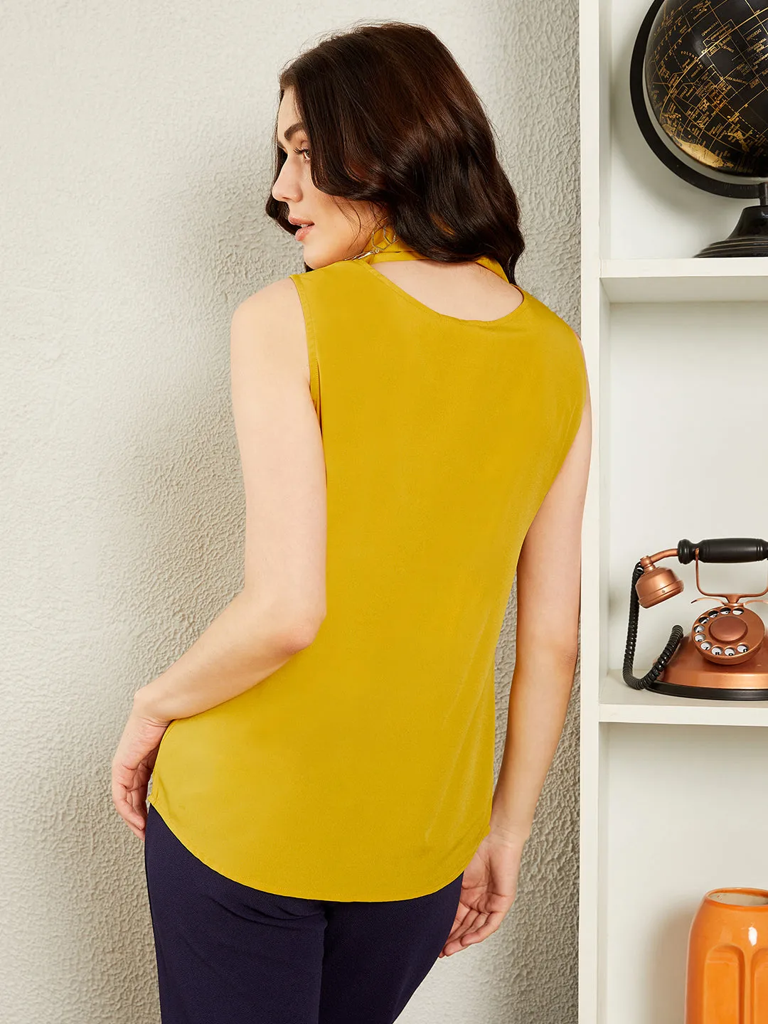 Berrylush BIZwear Women Solid Yellow Cowl Neck Ribbon Polyester Sleeveless Regular Top