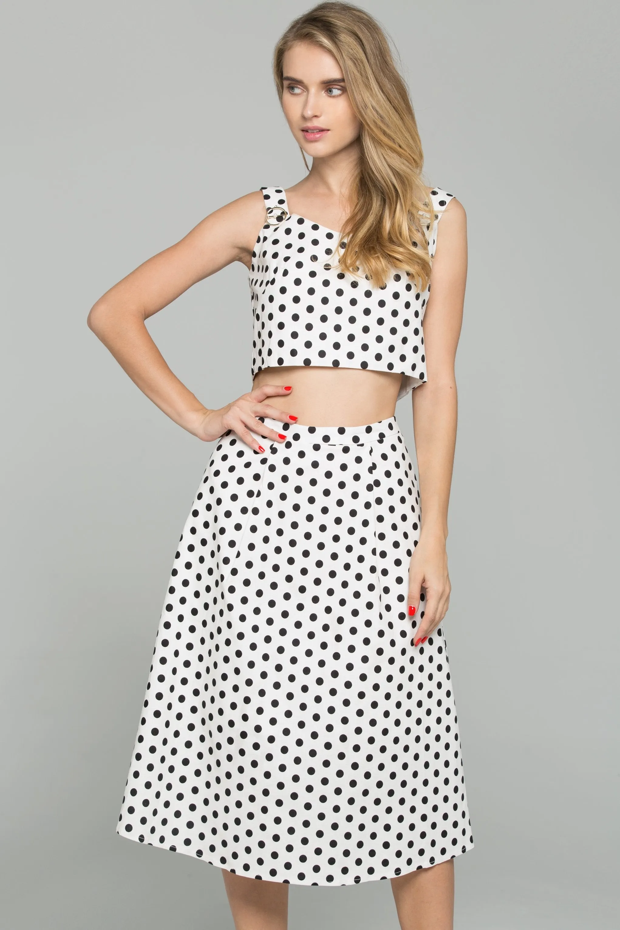 Black and White Polka Dot Sweetheart Neckline 2-piece Co-Ord Midi Dress