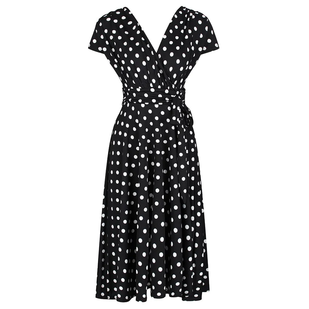 Black Polka Dot Cap Sleeve Fit And Flare Midi Dress