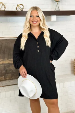 Black Ribbed Long Sleeve Pocket Dress