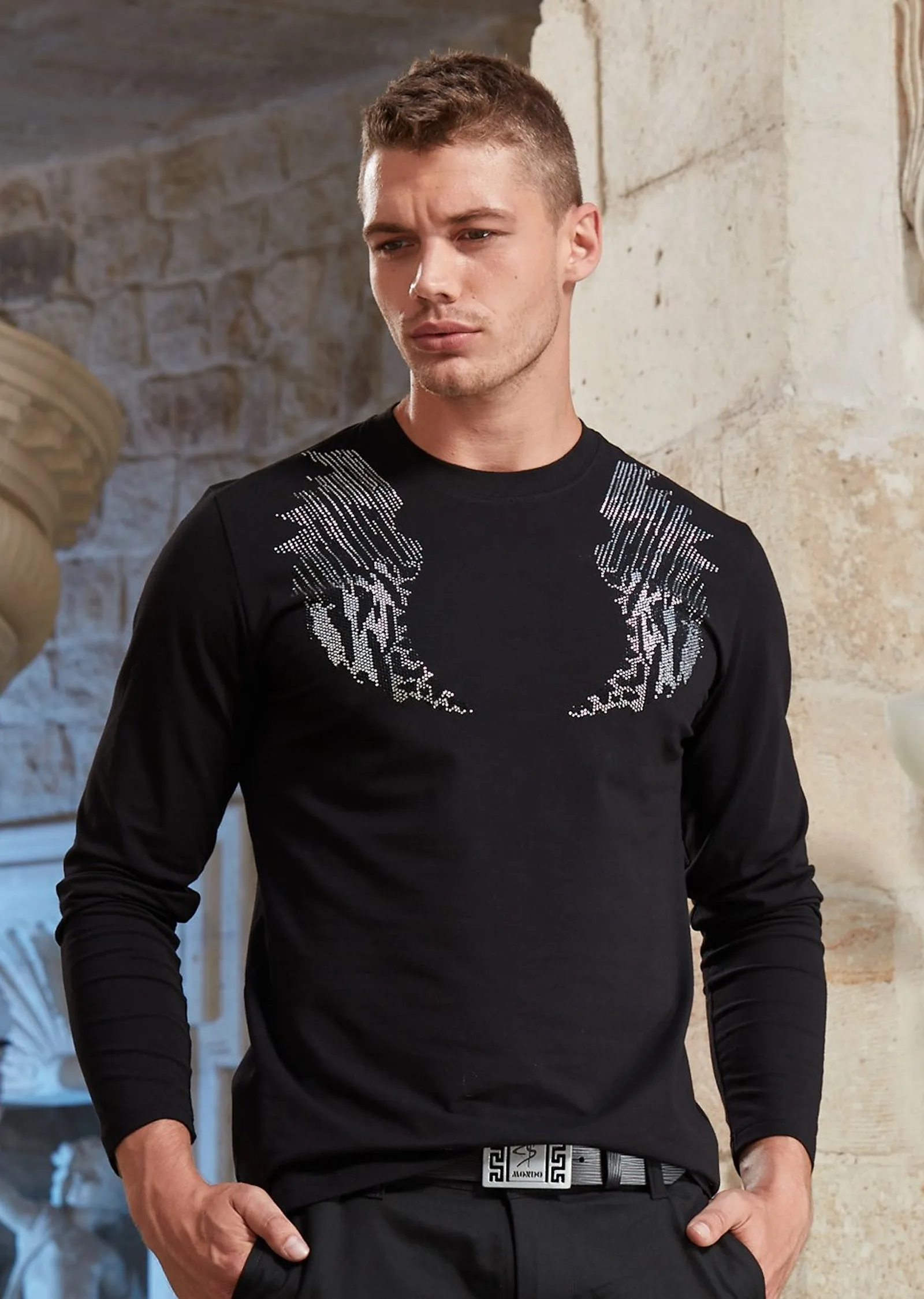 Black Wings Rhinestone Long Sleeve Tee