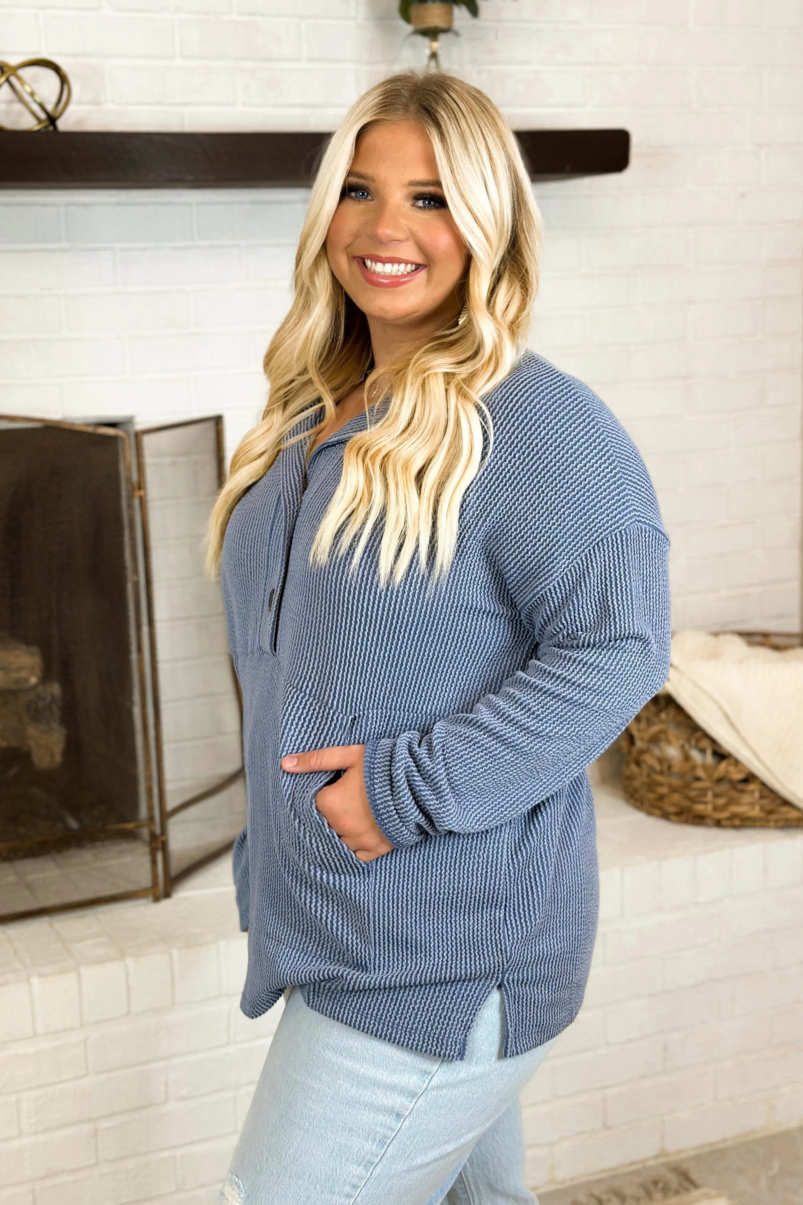 Blue Ribbed Long Sleeve Pocket Top