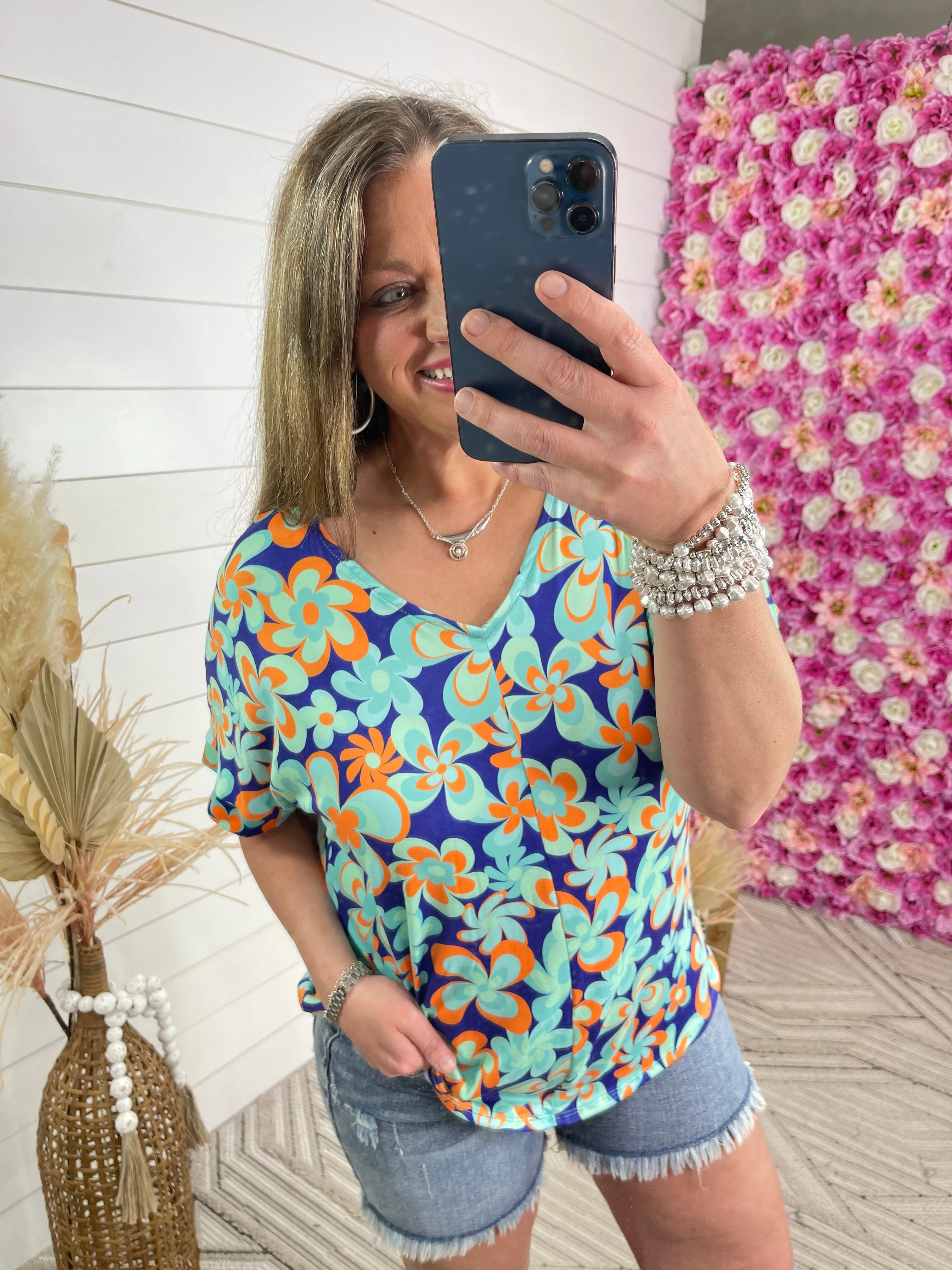 BLUE/ORANGE RETRO FLORAL BUTTER FABRIC TOP