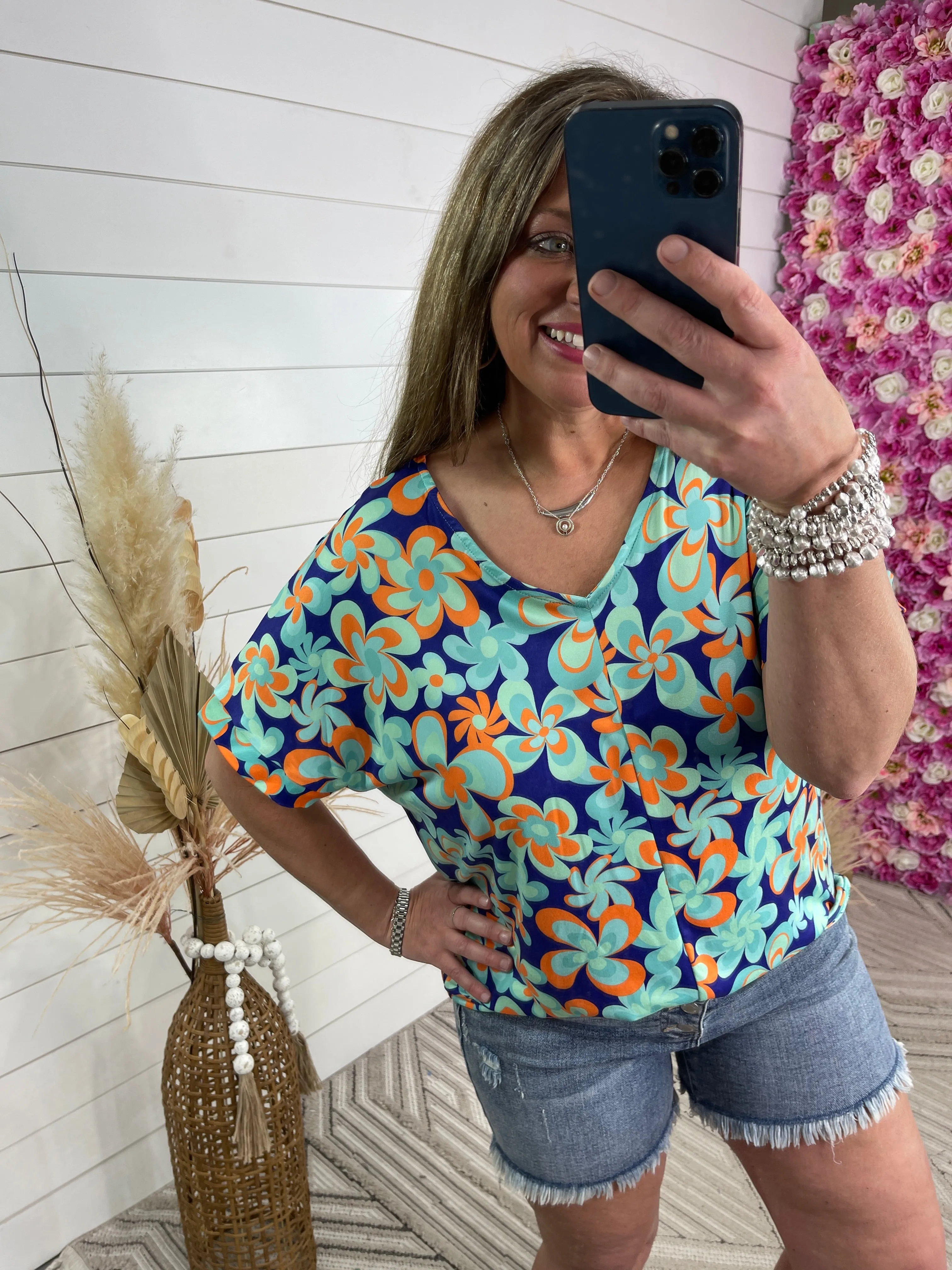 BLUE/ORANGE RETRO FLORAL BUTTER FABRIC TOP