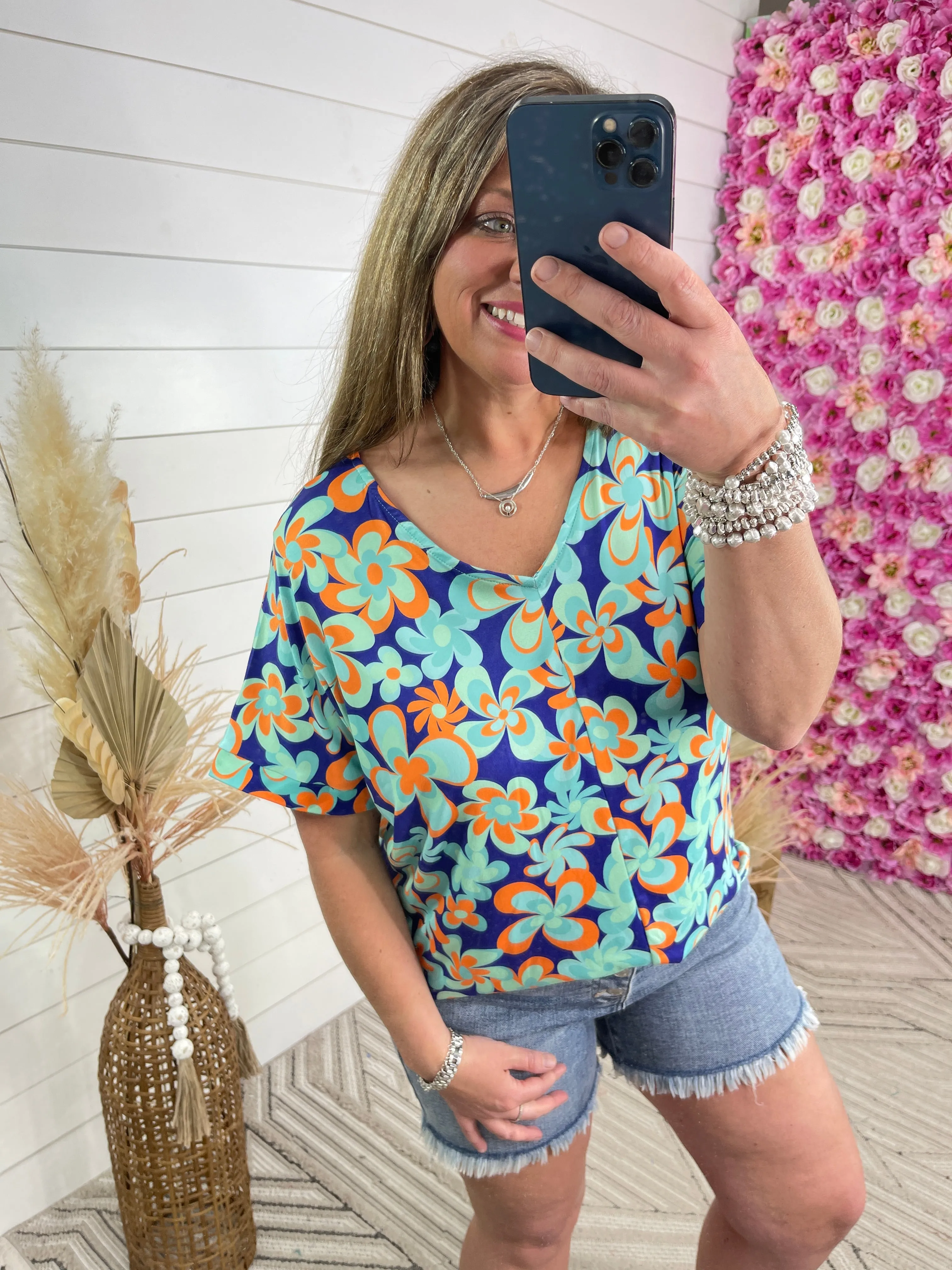 BLUE/ORANGE RETRO FLORAL BUTTER FABRIC TOP