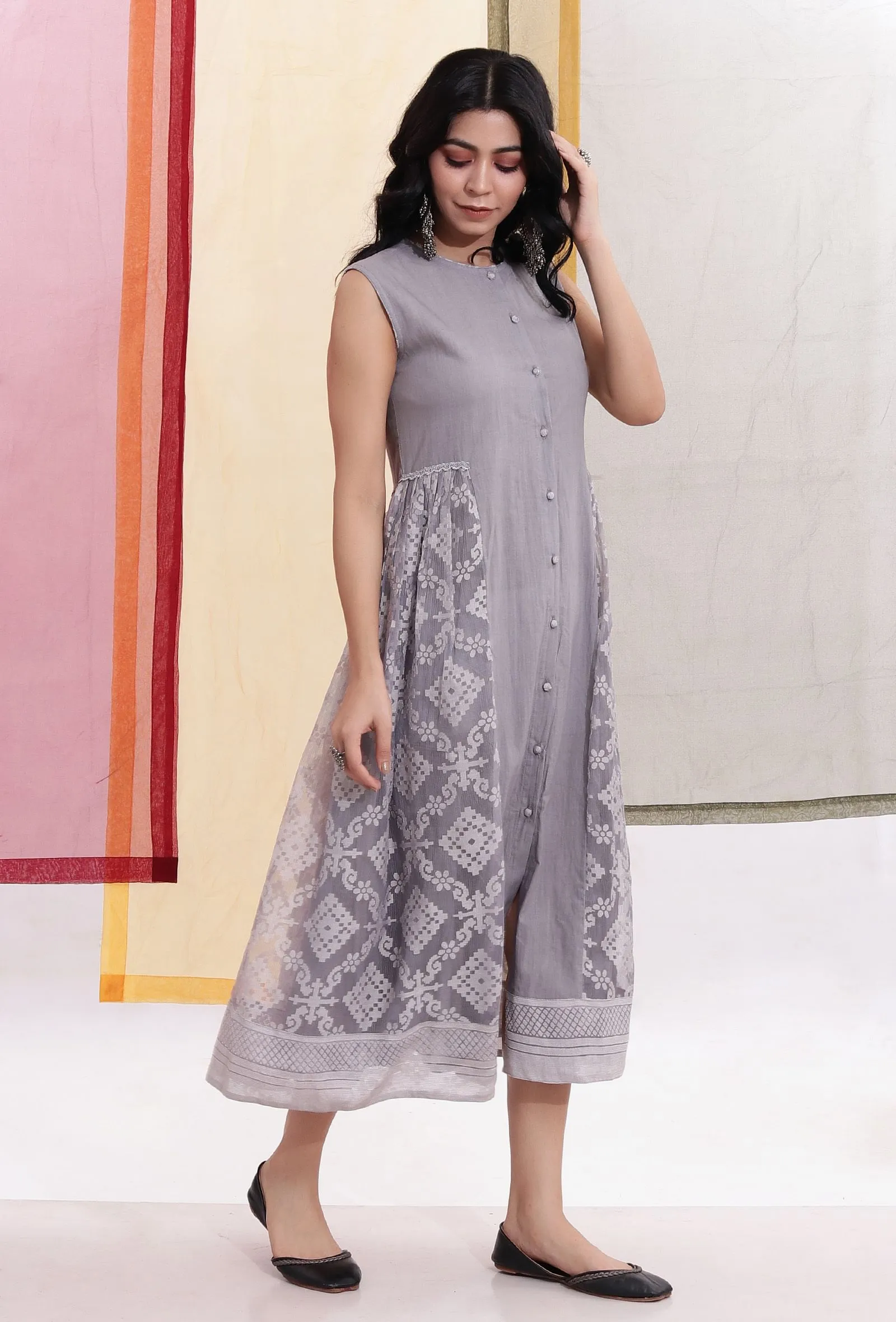 Cloud Grey Cotton & Sheer Brasso Organza Flared Dress