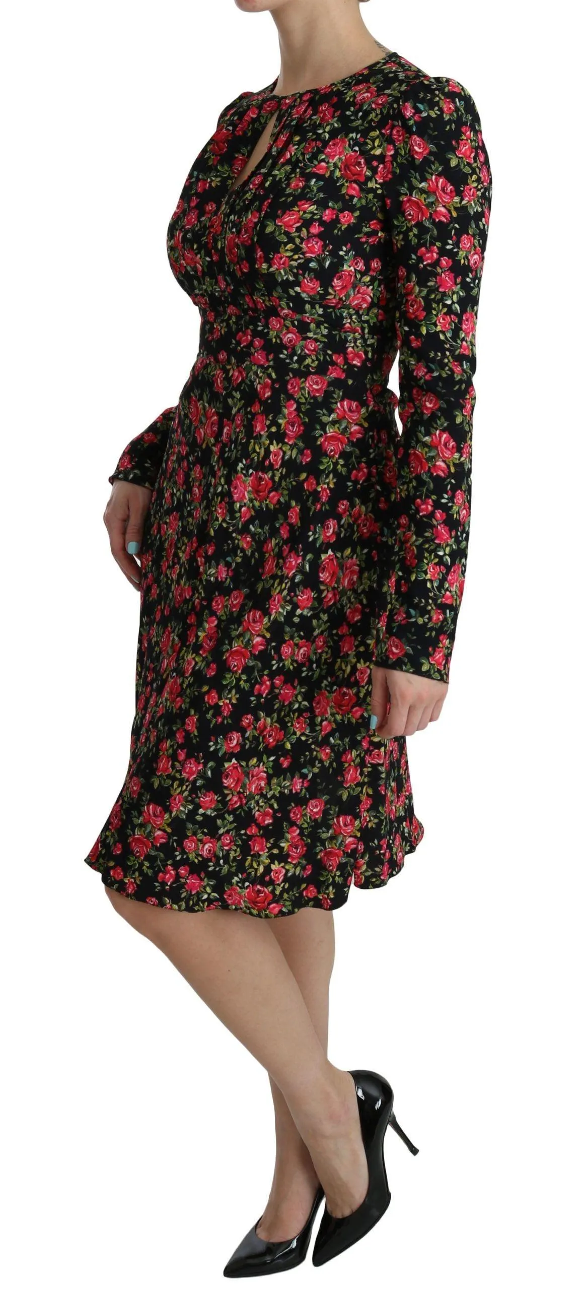 Dolce & Gabbana Black Floral Longsleeve Knee Length Dress