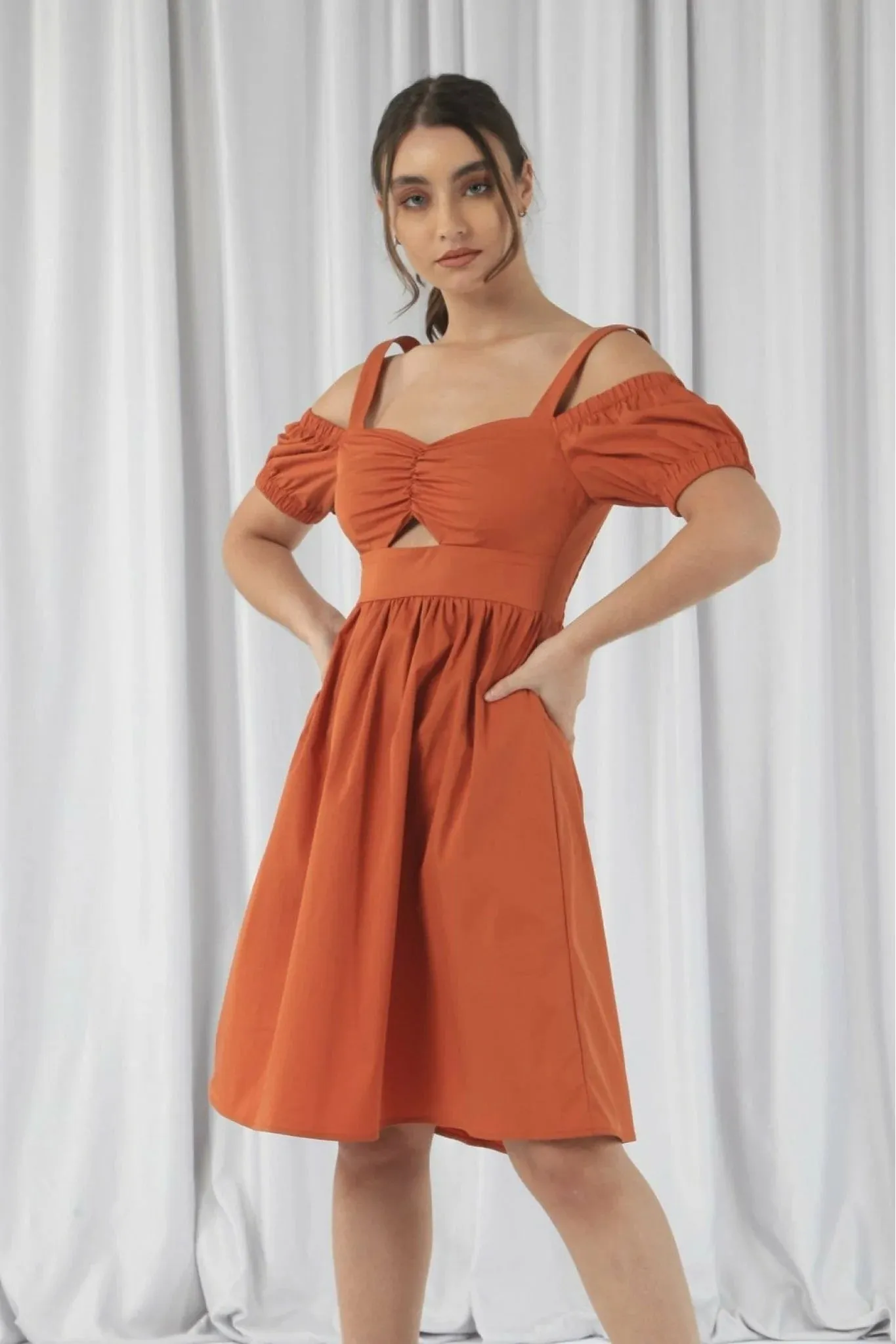 Double Second Orange Bardot Ruched Dress