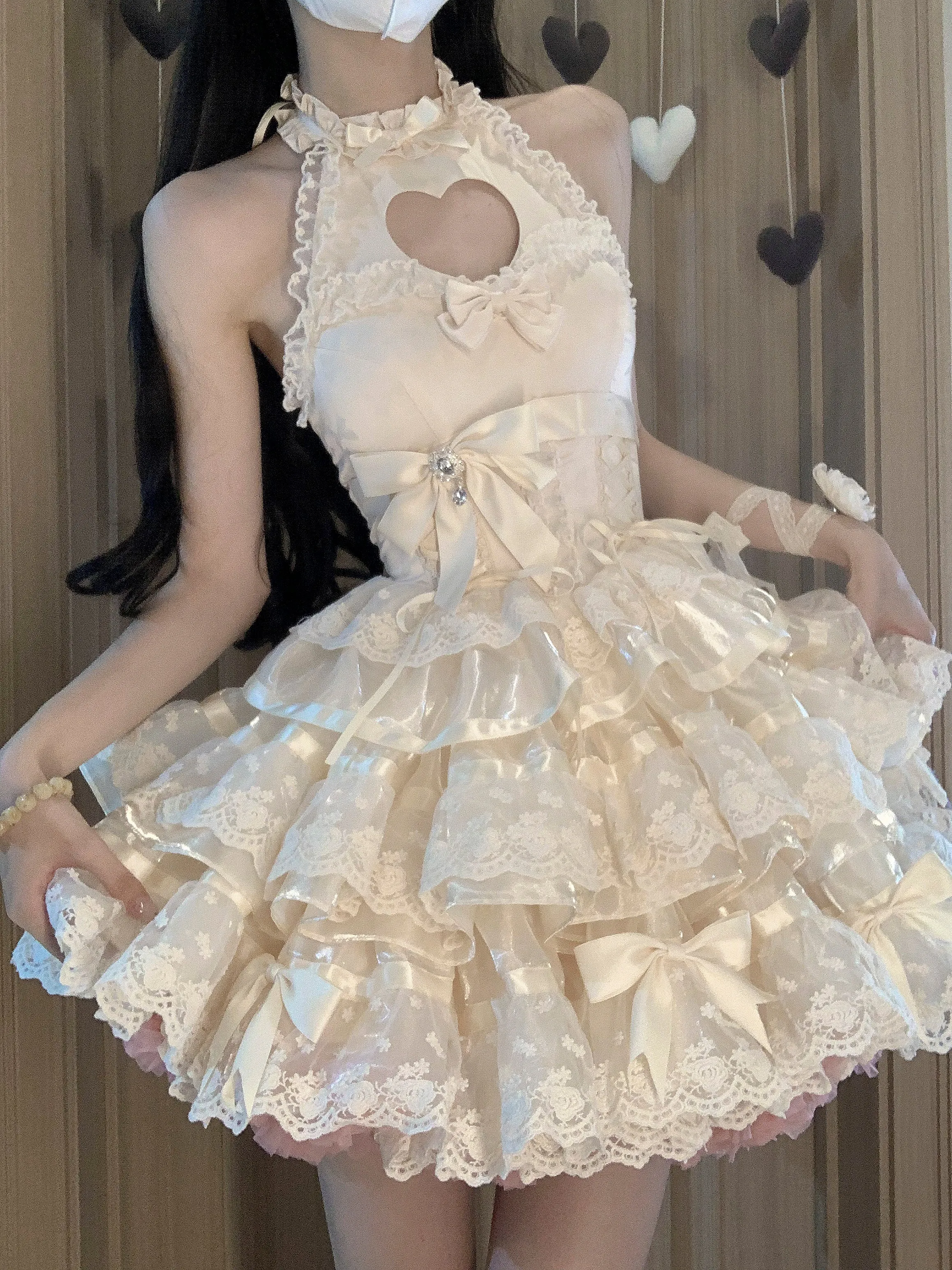 Heart-beating apricot heart hollow girl ballet style puffy skirt