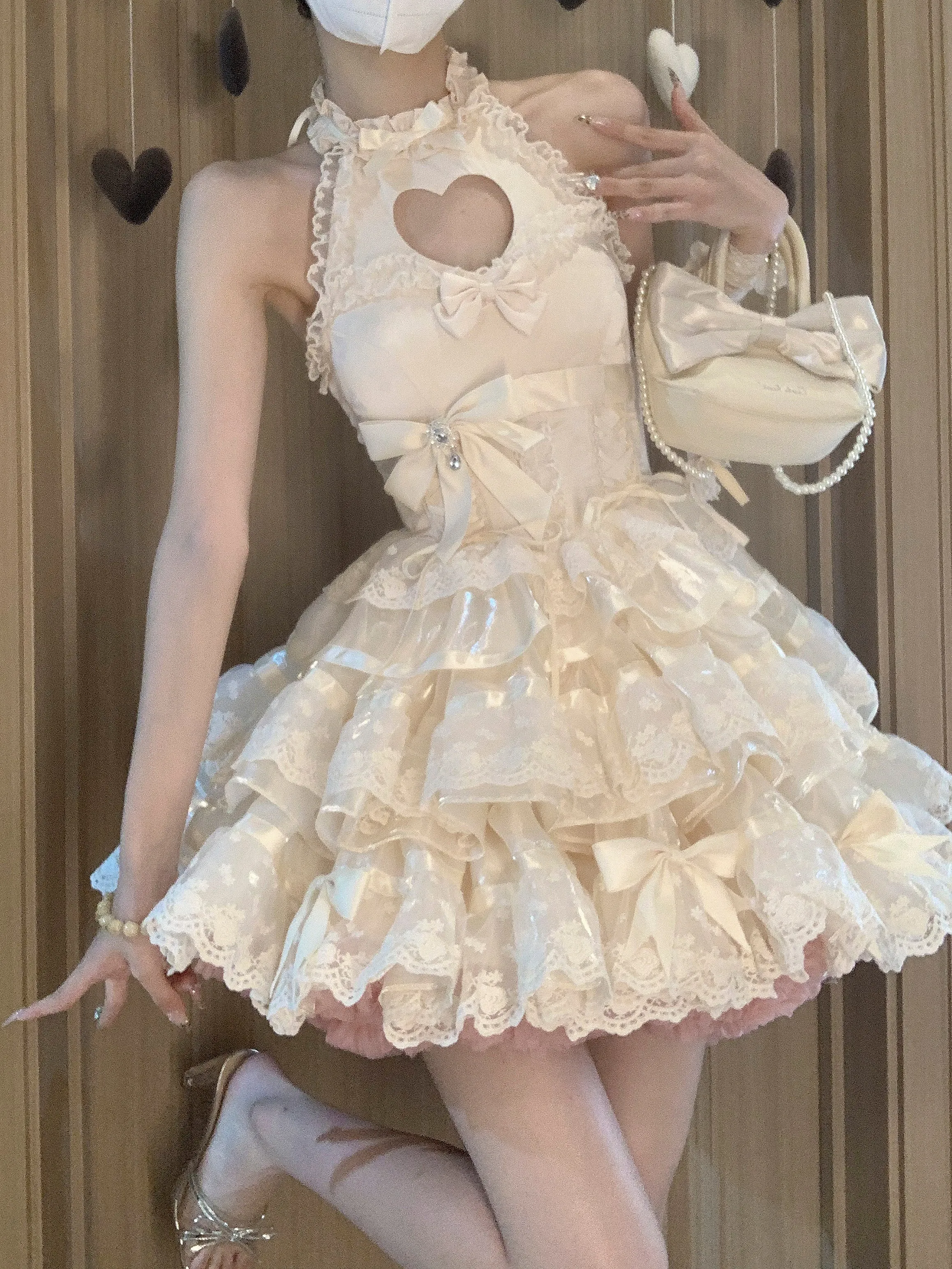 Heart-beating apricot heart hollow girl ballet style puffy skirt