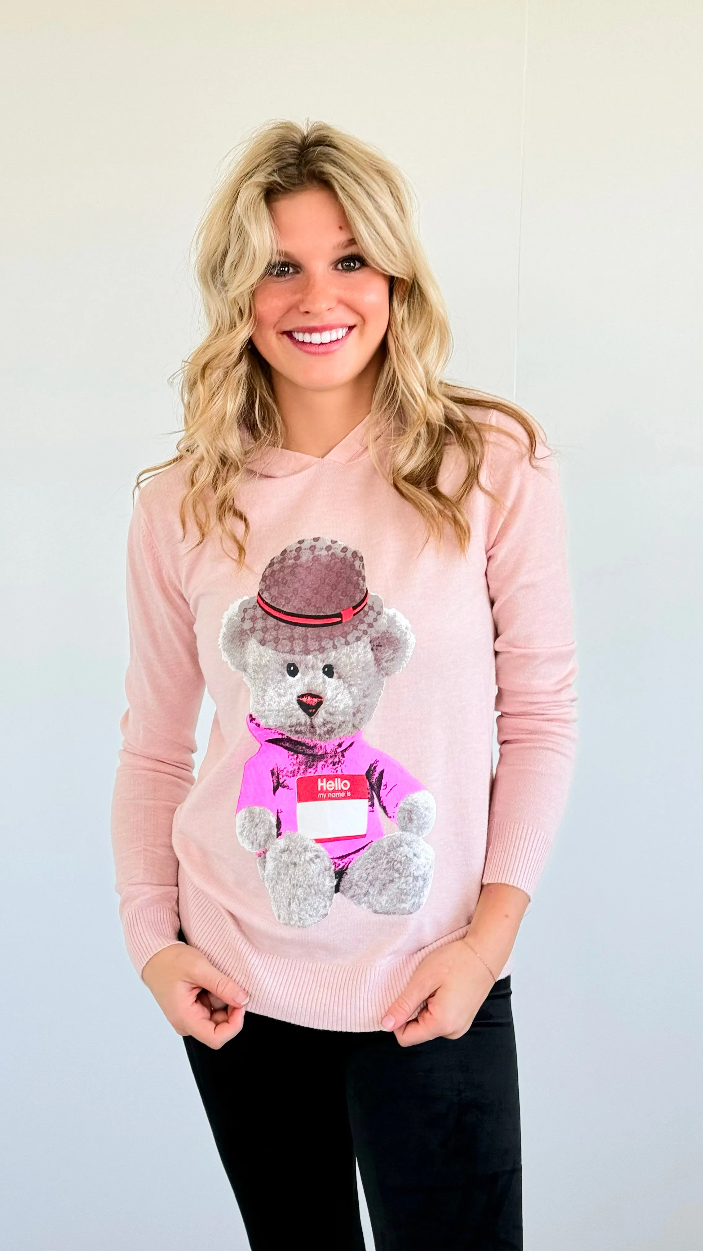 Hello Bear Hoodie Top- Blush