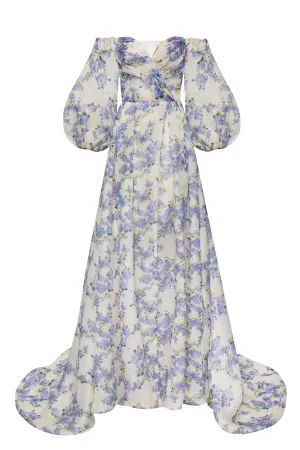 Hydrangea Elegant floral puff sleeve maxi dress