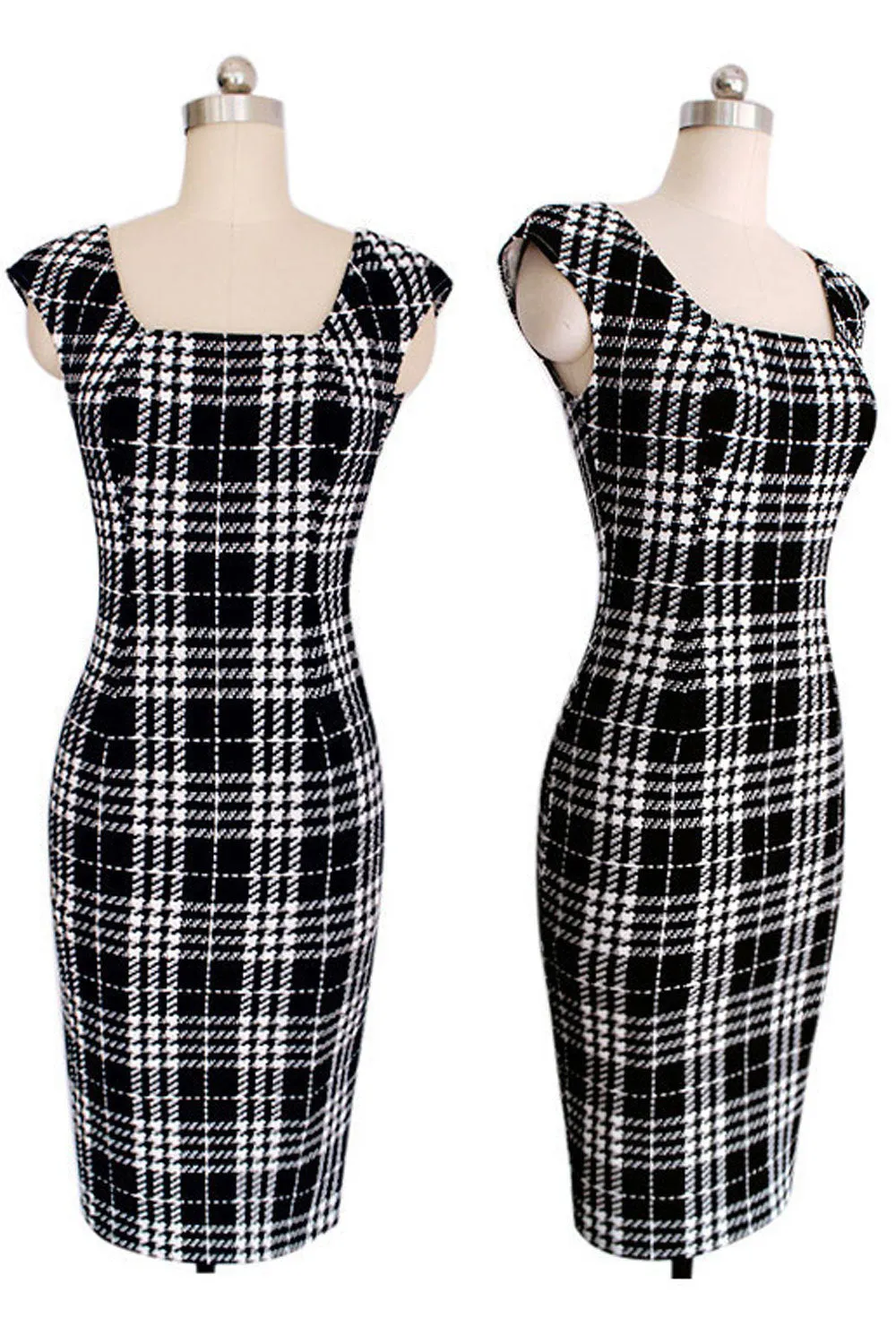 Ketty More Women Square Neck Sleeveless Plaid Pattern Sheath Dress-KMWD308