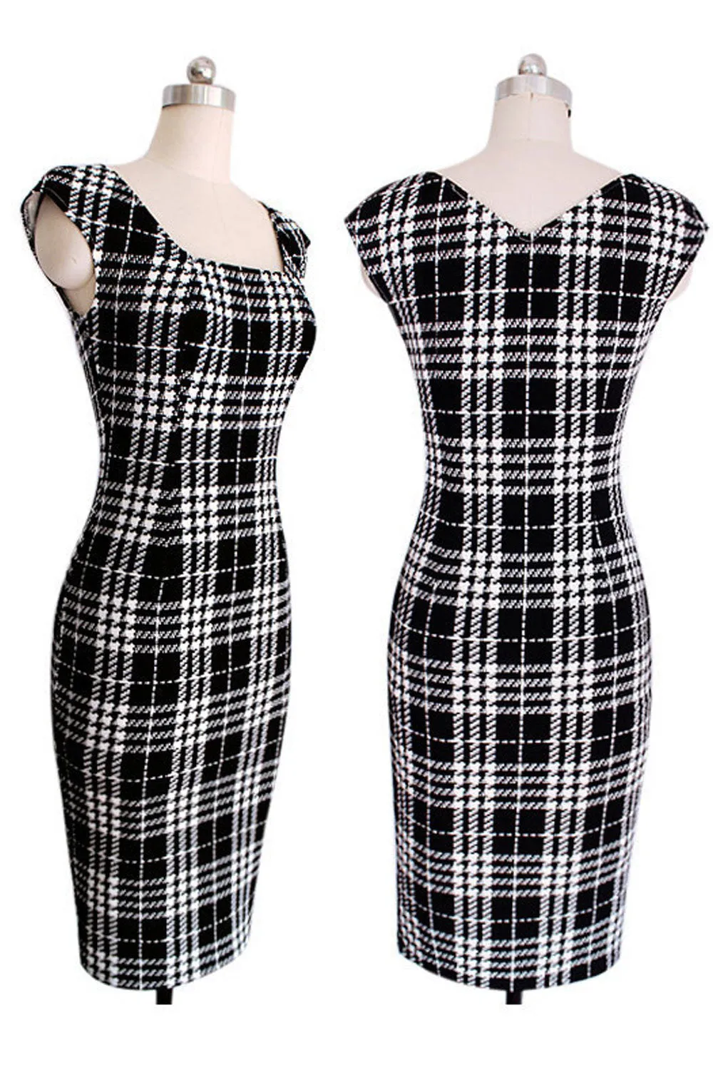 Ketty More Women Square Neck Sleeveless Plaid Pattern Sheath Dress-KMWD308