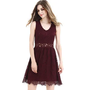 Ketty More Women V-Neck Lace Up Pleated Skirt Above Knee Dress-KMWD107