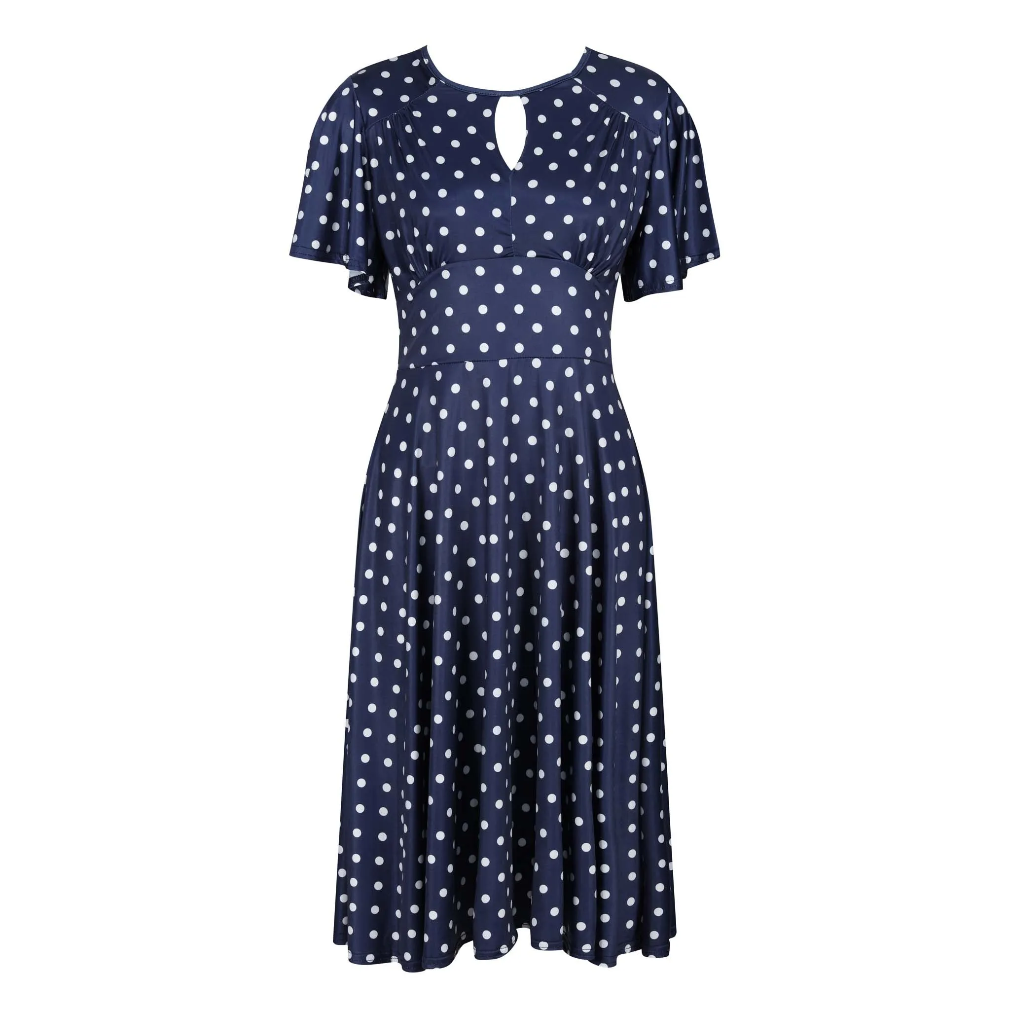 Navy White Polka Dot Waterfall Sleeve Swing Dress