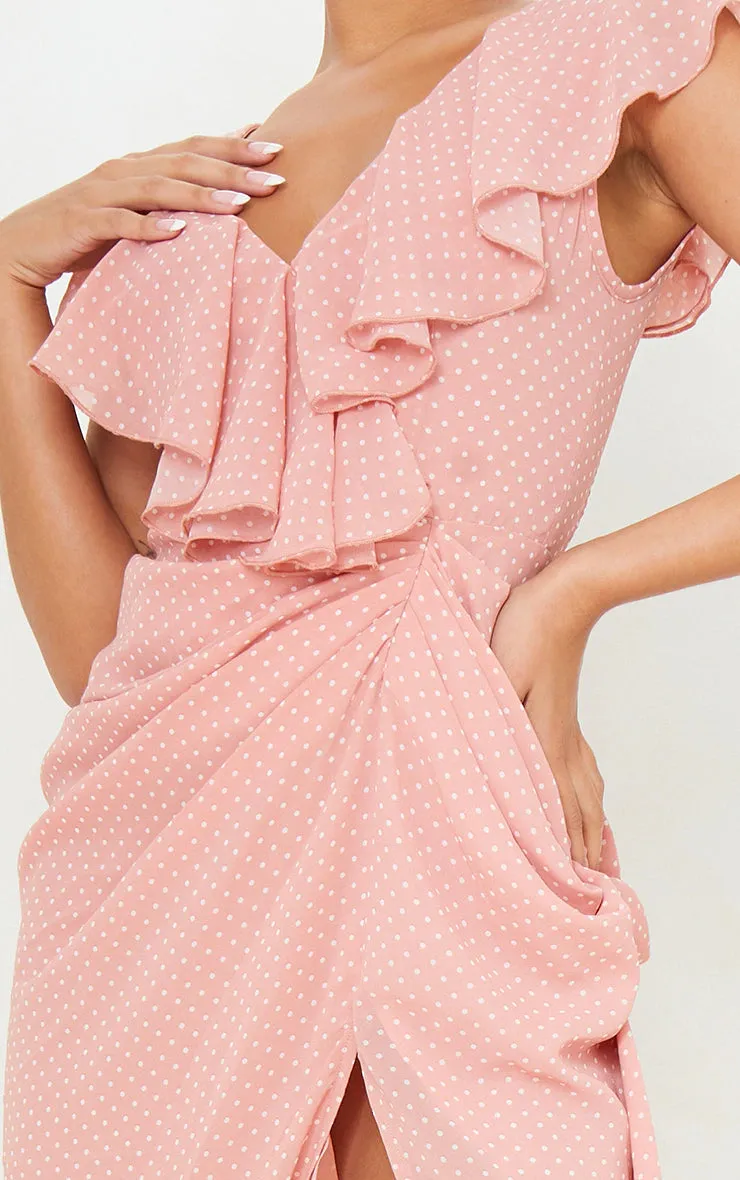 Pink Polka dot draped lace up back midi dress