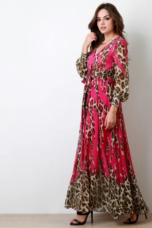 Slash Leopard Chiffon Longsleeve Maxi Dress