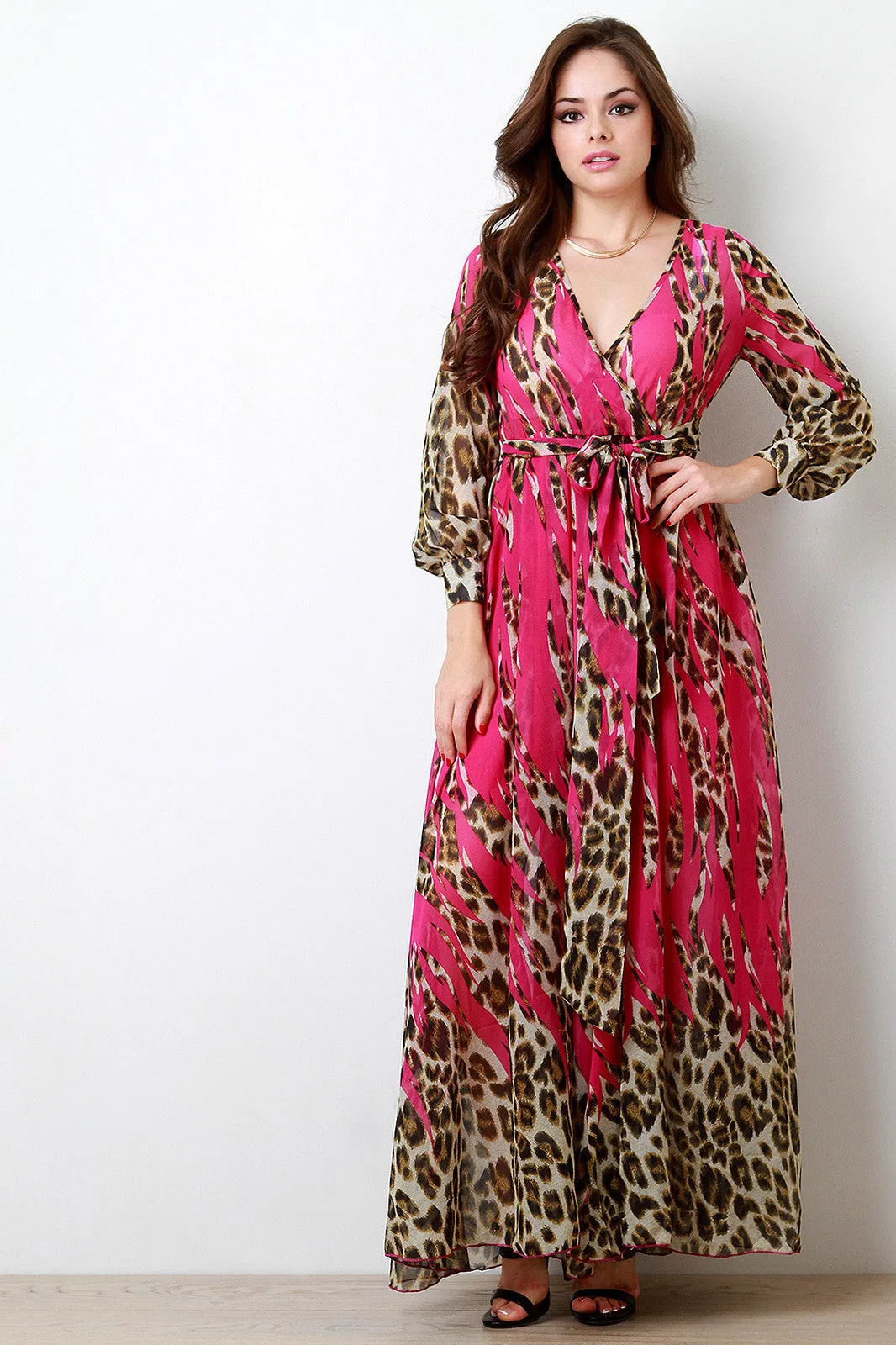 Slash Leopard Chiffon Longsleeve Maxi Dress