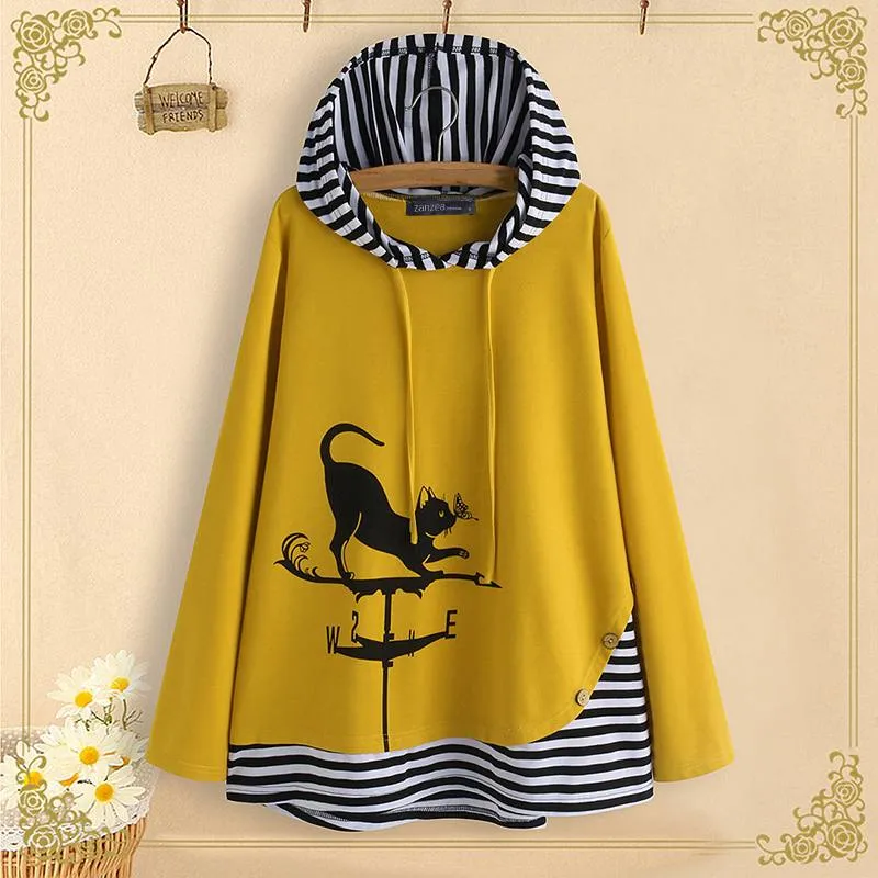 Striped Patchwork Cat Cartoon Print  Long Sleeve Hoodie