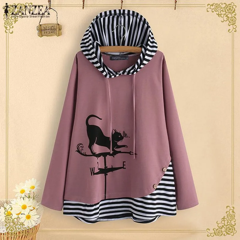 Striped Patchwork Cat Cartoon Print  Long Sleeve Hoodie