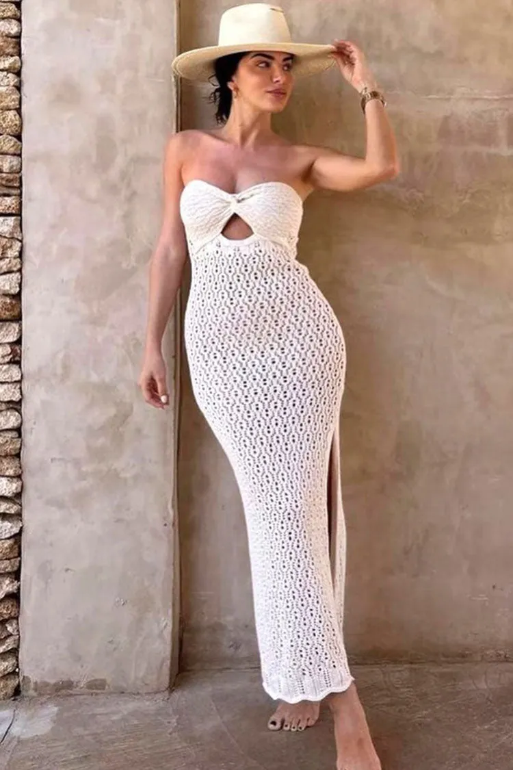 Twist Front Crochet Pointelle Strapless Split Beach Vacation Midi Dress - Apricot