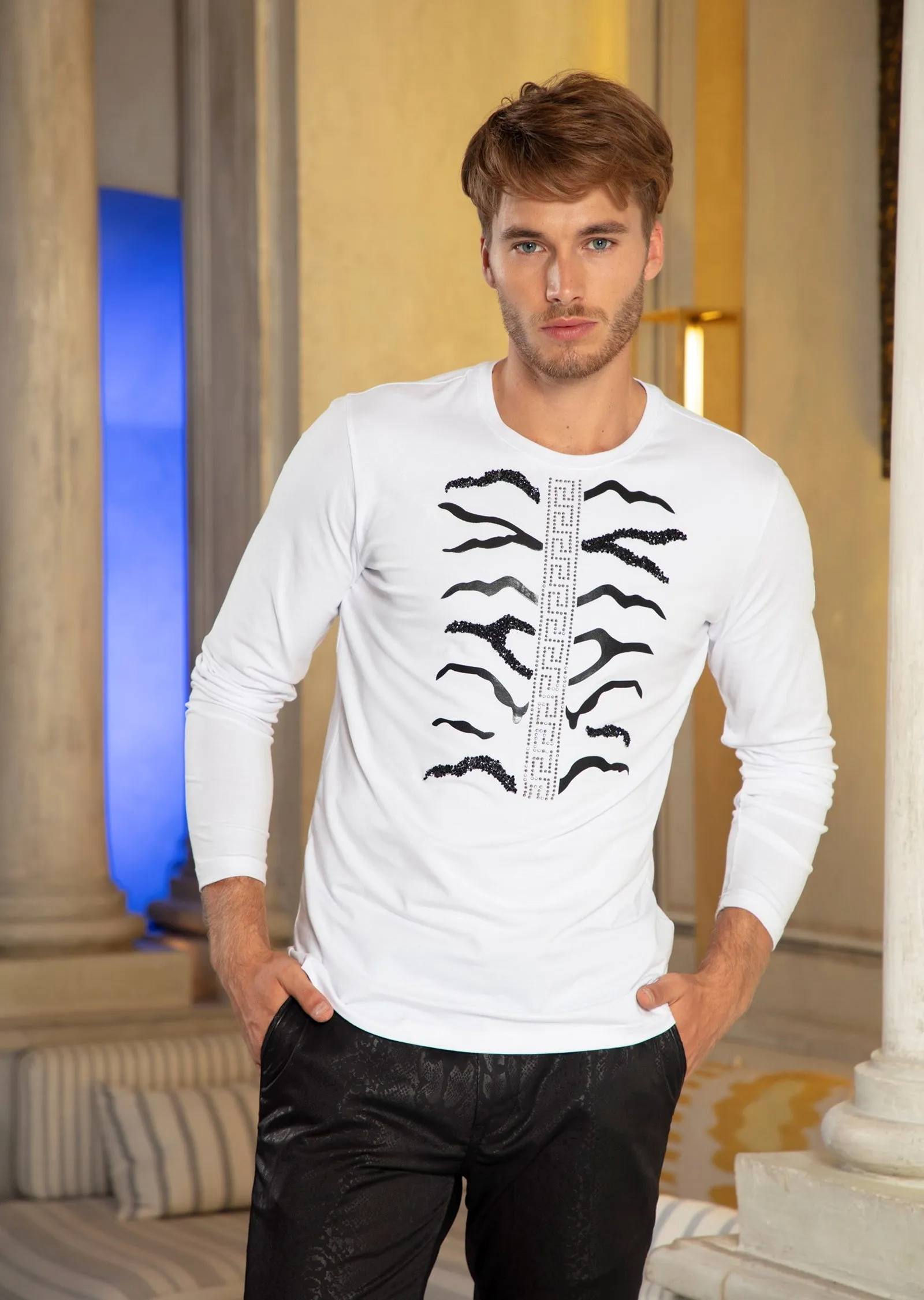 White Barocco Rhinestone Long Sleeve Tee