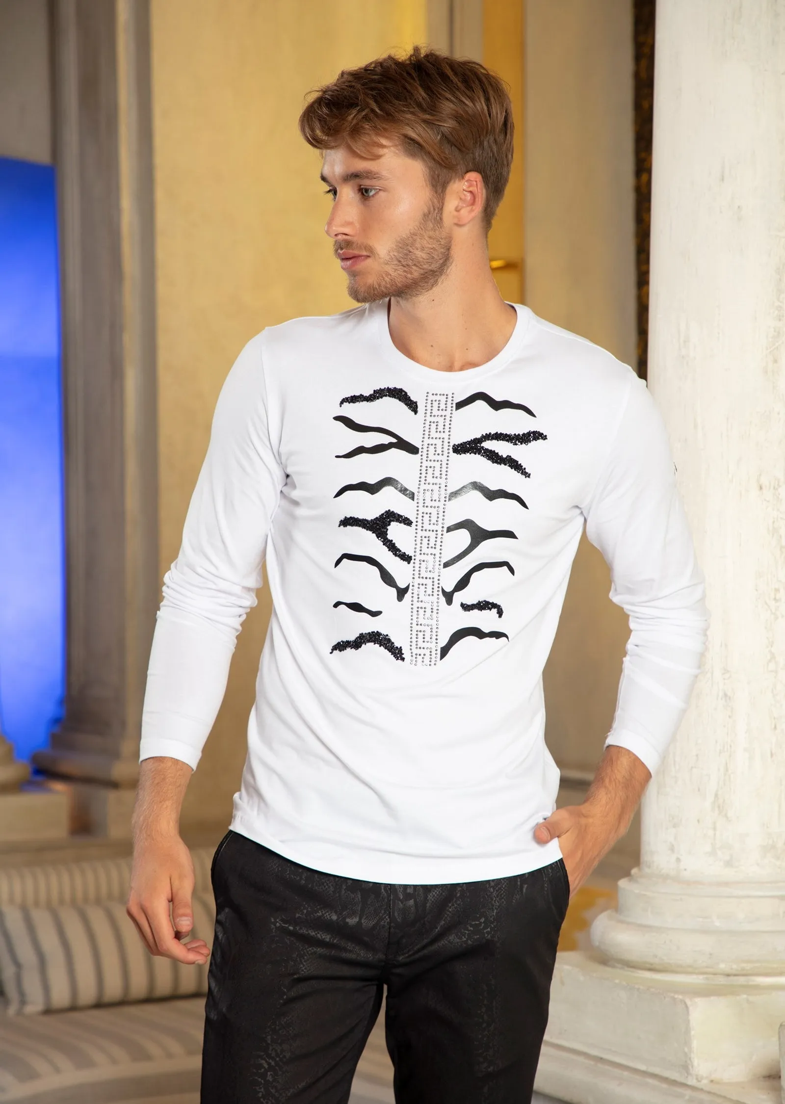 White Barocco Rhinestone Long Sleeve Tee