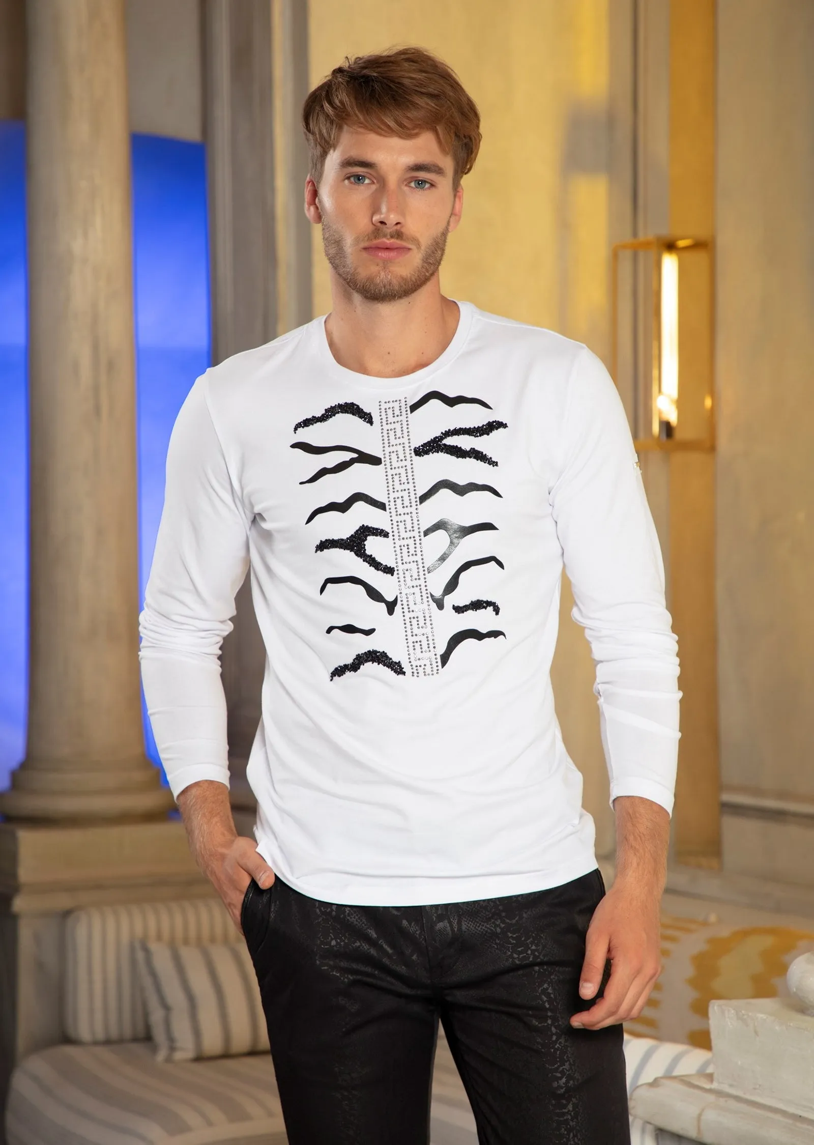 White Barocco Rhinestone Long Sleeve Tee